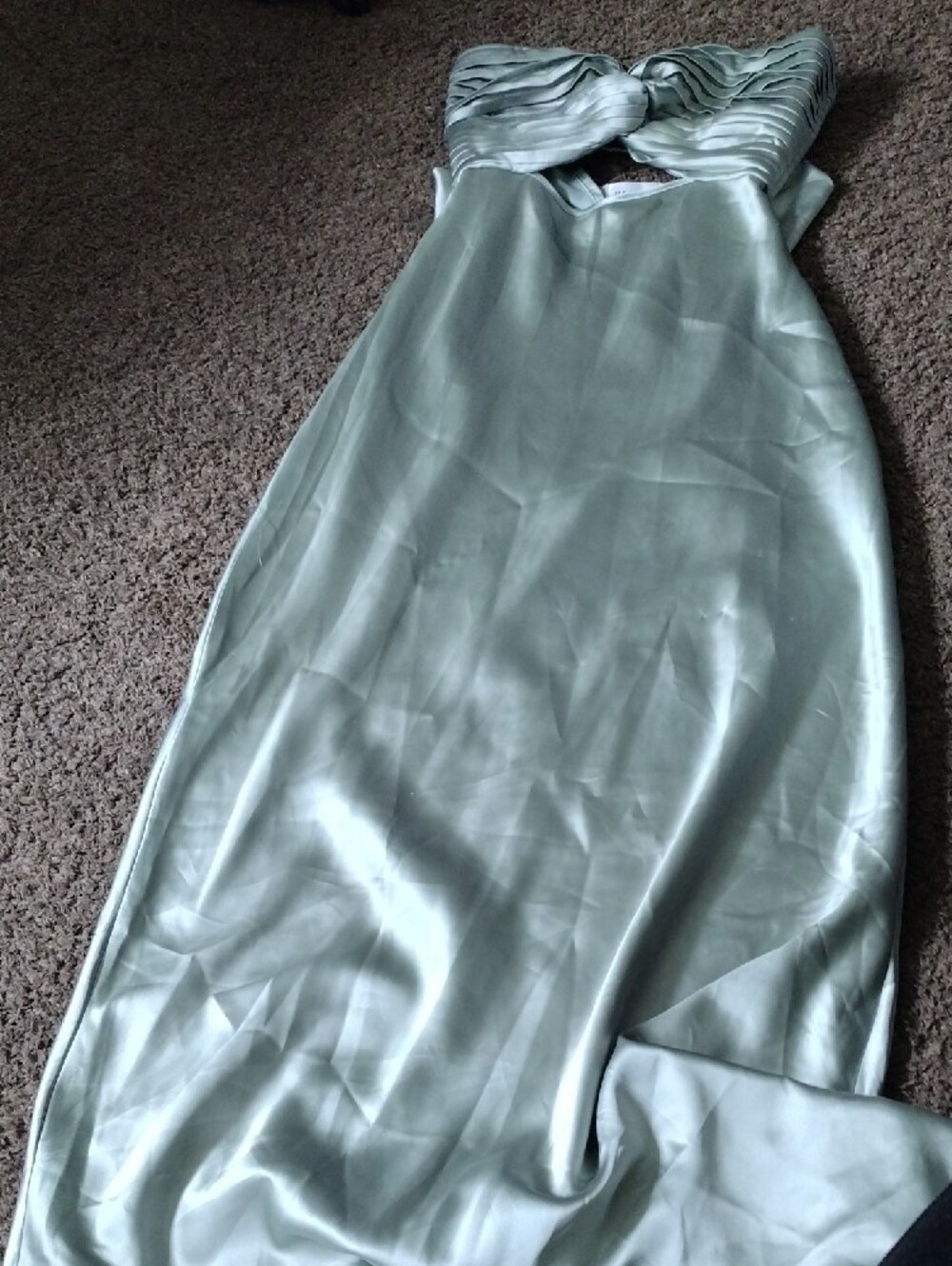 Hello Molly Strapless Sage Green Satin Twist-Front Midi Dress - Picture 3 of 5